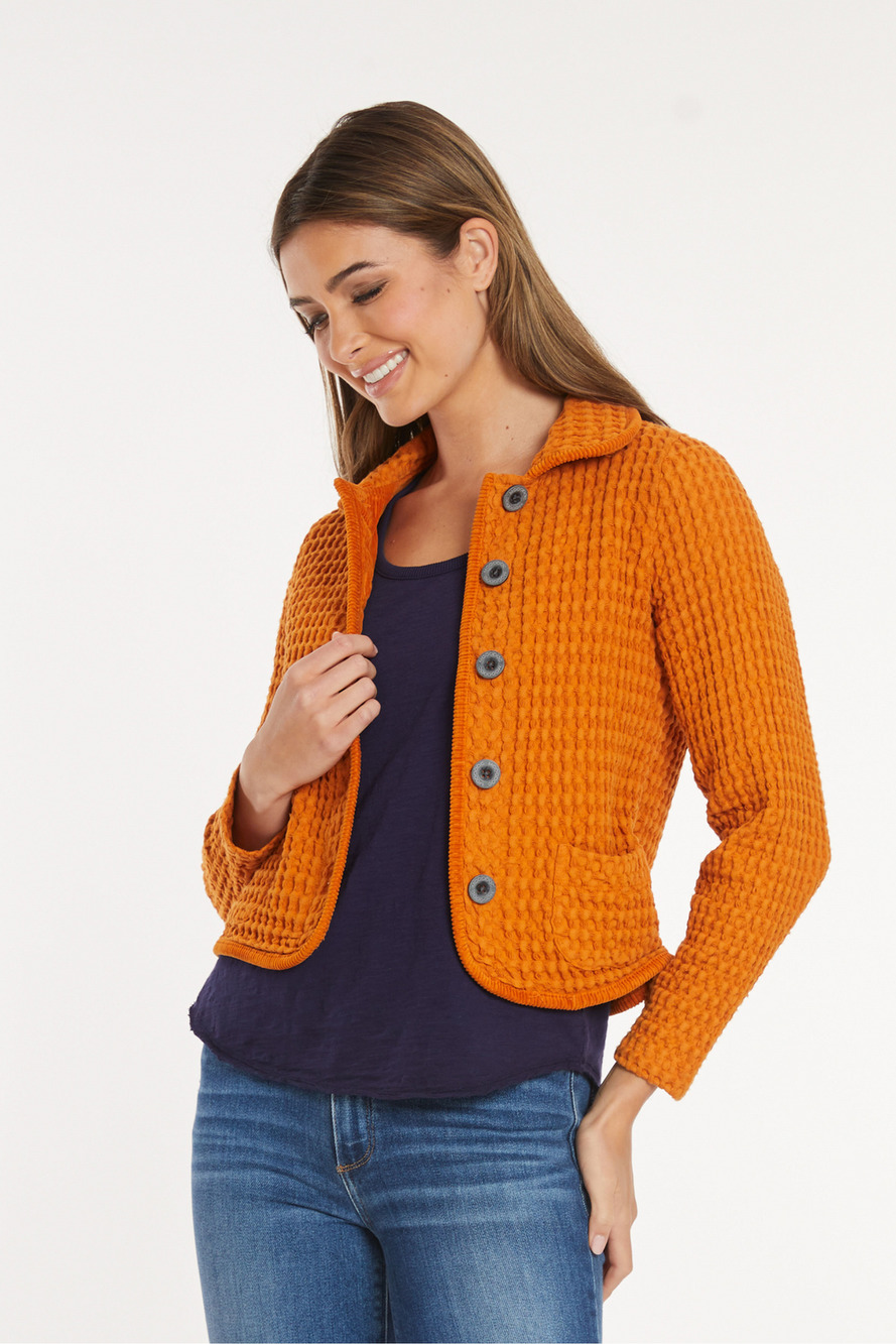 Mododoc Cropped Gauzy Waffle Knit Jacket Corduroy Trim Medium Chore Pockets